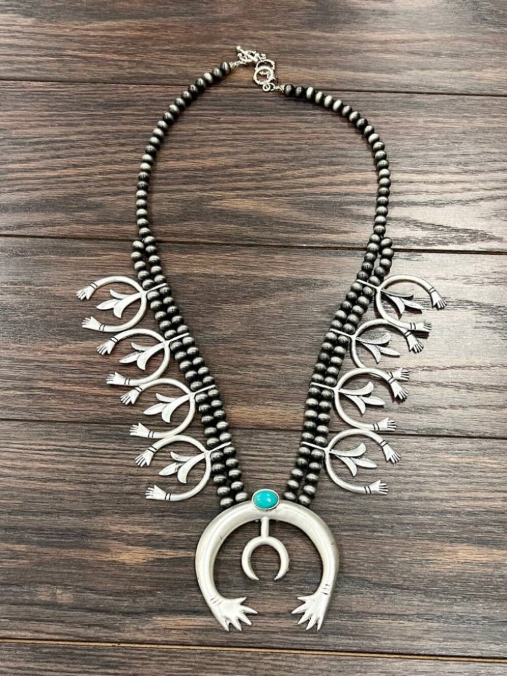 Southwestern Squash Blossom Style Necklace Turquoise Naja Statement Silver Tone